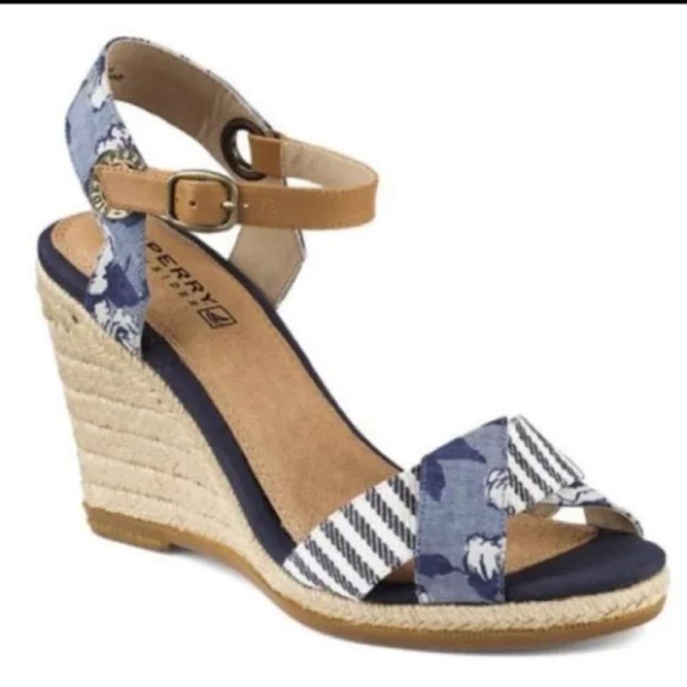 SOLD - Sperry Top Sider Blue Denim and White Espadrilles Wedge Sandals Size 8